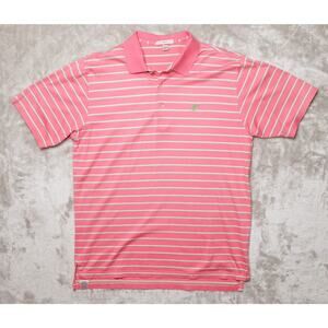 Peter Millar Coral Pink Green White Striped Short Sleeve Polo Mens Size L